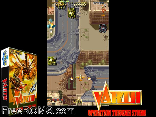 Varth - Operation Thunderstorm (World 920612) MAME game showing 3D box cover and gameplay screenshot