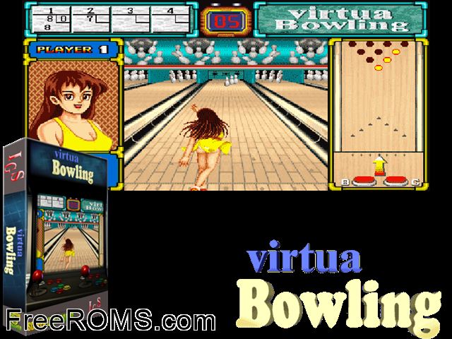 Virtua Bowling (World, V101XCM) MAME game showing 3D box cover and gameplay screenshot