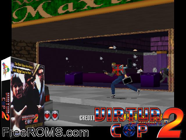 Virtua Cop 2 MAME game showing 3D box cover and gameplay screenshot