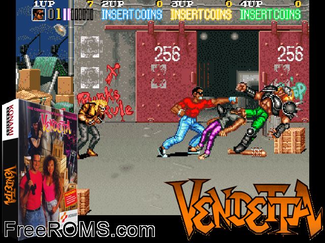 Vendetta (World 2 Players ver. W) MAME game showing 3D box cover and gameplay screenshot