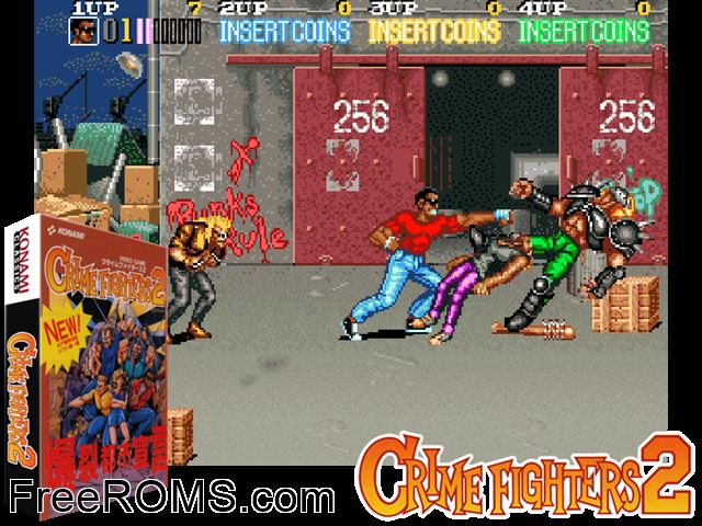 Crime Fighters 2 (Japan 2 Players ver. P) MAME game showing 3D box cover and gameplay screenshot