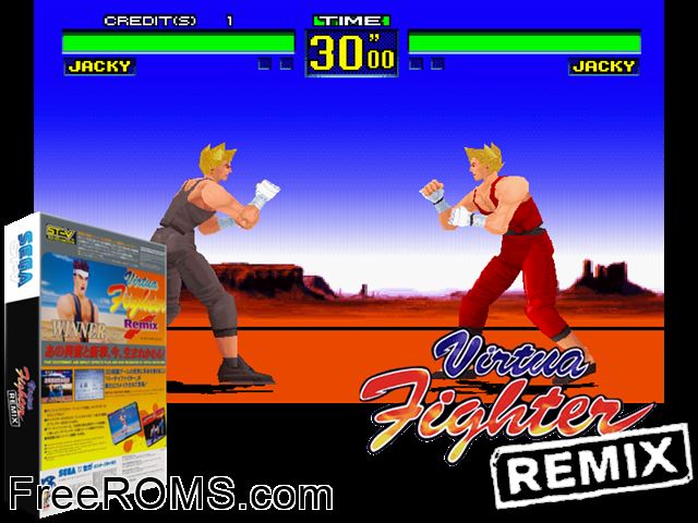 Virtua Fighter Remix (JUETBKAL 950428 V1.000) MAME game showing 3D box cover and gameplay screenshot