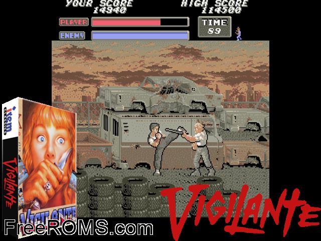 Vigilante (World) MAME game showing 3D box cover and gameplay screenshot