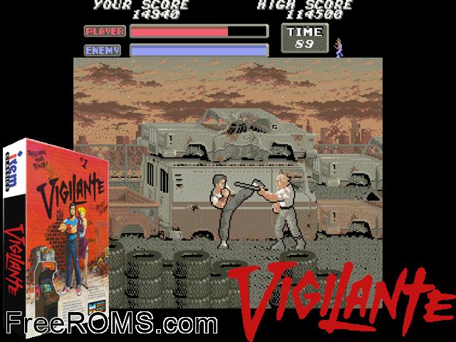 Vigilante (US) MAME game showing 3D box cover and gameplay screenshot