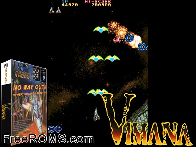 Vimana (old set) MAME game showing 3D box cover and gameplay screenshot
