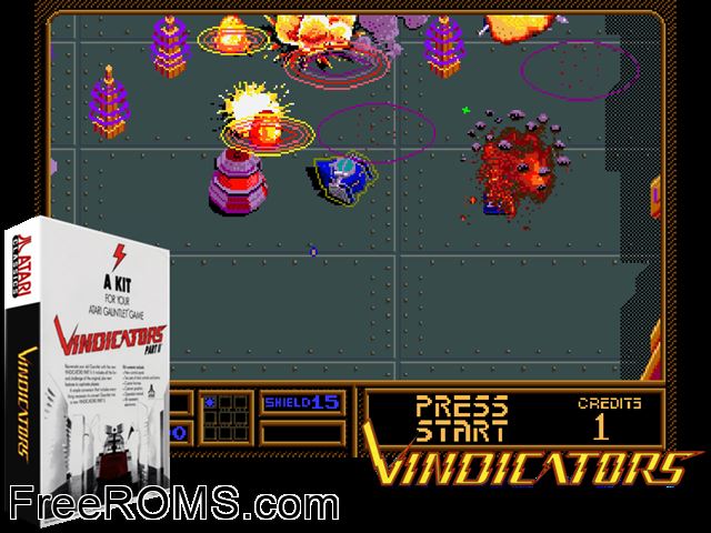 Vindicators Part II (rev 2) MAME game showing 3D box cover and gameplay screenshot
