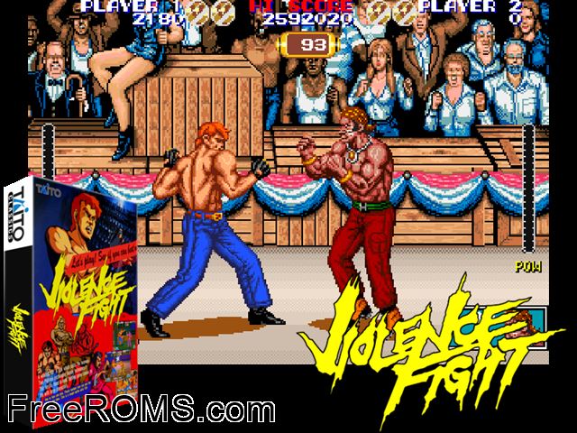 Violence Fight (World) MAME game showing 3D box cover and gameplay screenshot