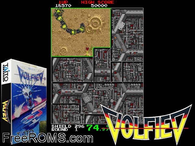 Volfied (US) MAME game showing 3D box cover and gameplay screenshot