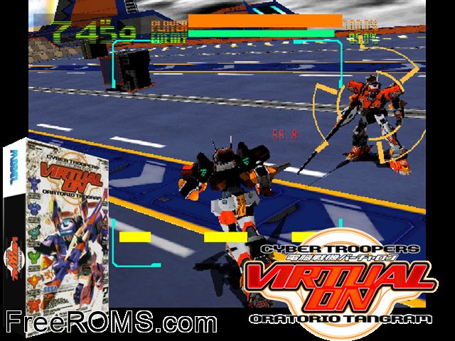 Virtual On 2: Oratorio Tangram MAME game showing 3D box cover and gameplay screenshot
