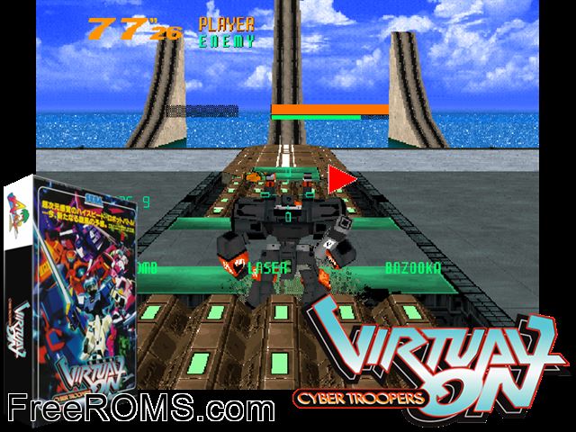 Virtual On Cyber Troopers (US) MAME game showing 3D box cover and gameplay screenshot