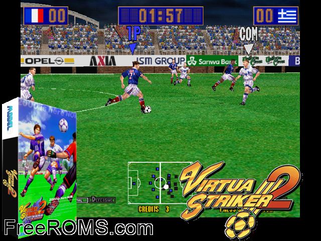Virtua Striker 2 (Step 2.0) MAME game showing 3D box cover and gameplay screenshot