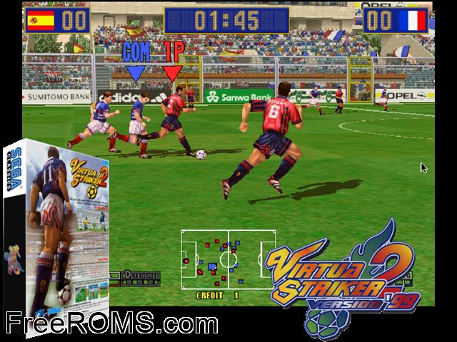 Virtua Striker 2 '99.1 MAME game showing 3D box cover and gameplay screenshot