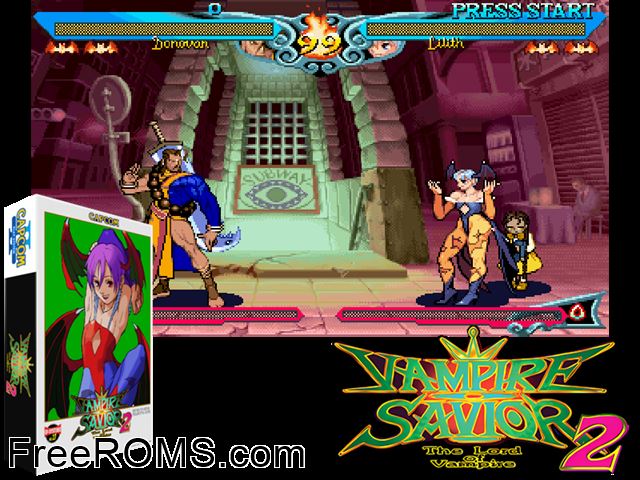 Vampire Savior 2: The Lord of Vampire (Japan 970913) MAME game showing 3D box cover and gameplay screenshot