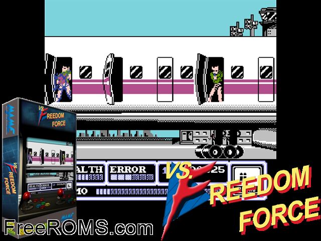 Vs. Freedom Force MAME game showing 3D box cover and gameplay screenshot