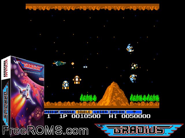 Vs. Gradius MAME game showing 3D box cover and gameplay screenshot