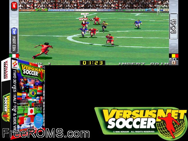 Versus Net Soccer (ver UAB) MAME game showing 3D box cover and gameplay screenshot