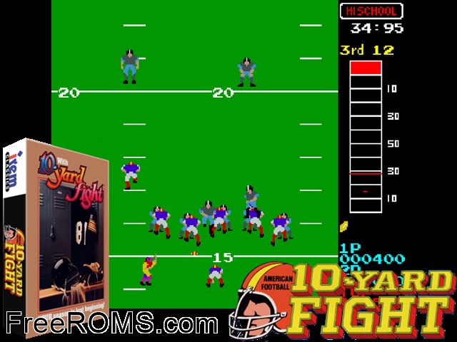 Vs 10-Yard Fight (World, 11/05/84) MAME game showing 3D box cover and gameplay screenshot