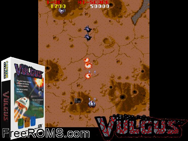 Vulgus (set 1) MAME game showing 3D box cover and gameplay screenshot