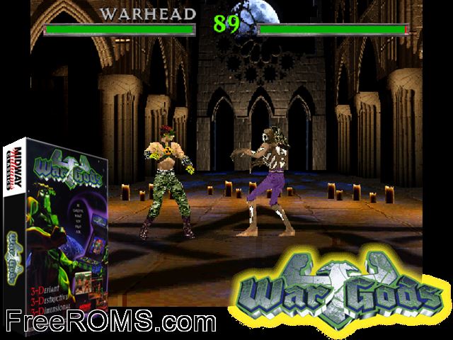 War Gods MAME game showing 3D box cover and gameplay screenshot