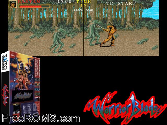 Warrior Blade - Rastan Saga Episode III (Japan) MAME game showing 3D box cover and gameplay screenshot