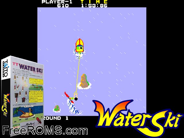 Water Ski MAME game showing 3D box cover and gameplay screenshot