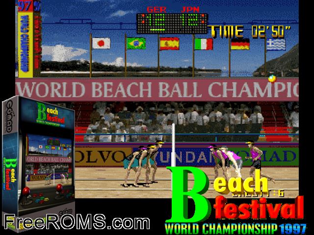 Beach Festival World Championship 1997 MAME game showing 3D box cover and gameplay screenshot