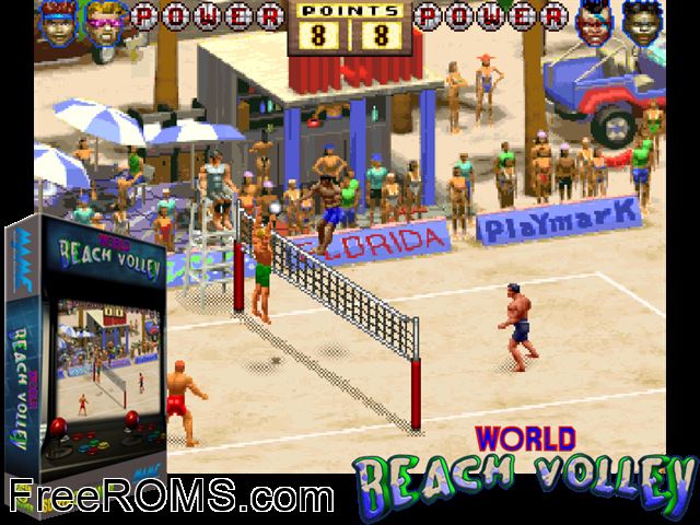 World Beach Volley (set 1) MAME game showing 3D box cover and gameplay screenshot