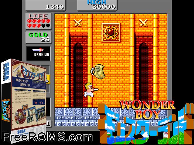 Wonder Boy in Monster Land (Japan New Ver.) MAME game showing 3D box cover and gameplay screenshot