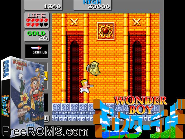 Wonder Boy in Monster Land MAME game showing 3D box cover and gameplay screenshot