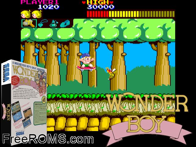 Wonder Boy (set 2 not encrypted) MAME game showing 3D box cover and gameplay screenshot
