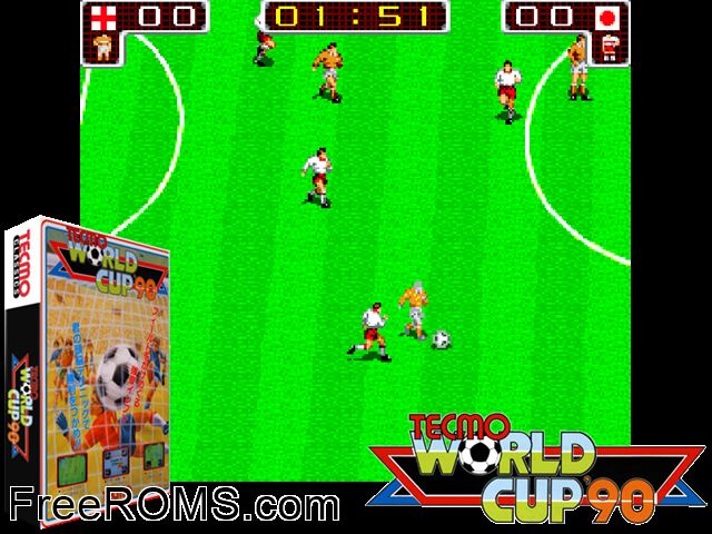 Tecmo World Cup '90 (set 1) MAME game showing 3D box cover and gameplay screenshot