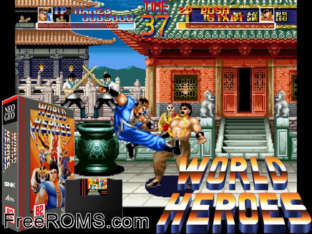 World Heroes (set 2) MAME game showing 3D box cover and gameplay screenshot