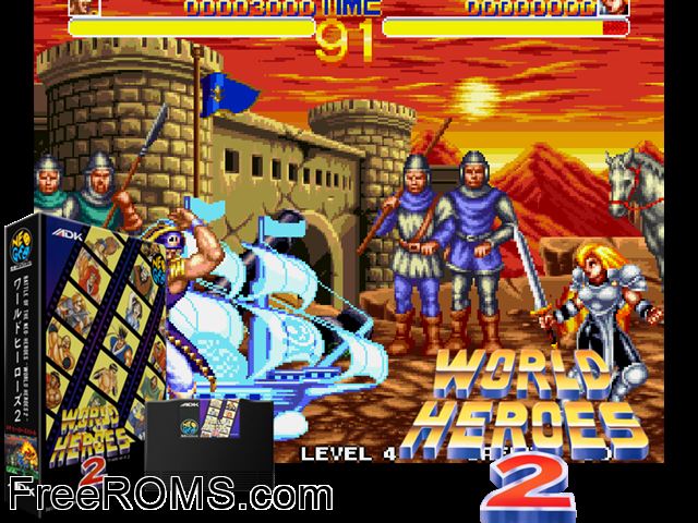 World Heroes 2 MAME game showing 3D box cover and gameplay screenshot