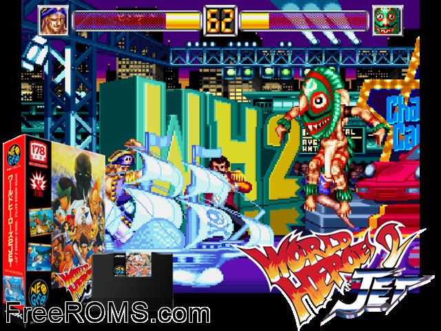 World Heroes 2 Jet MAME game showing 3D box cover and gameplay screenshot