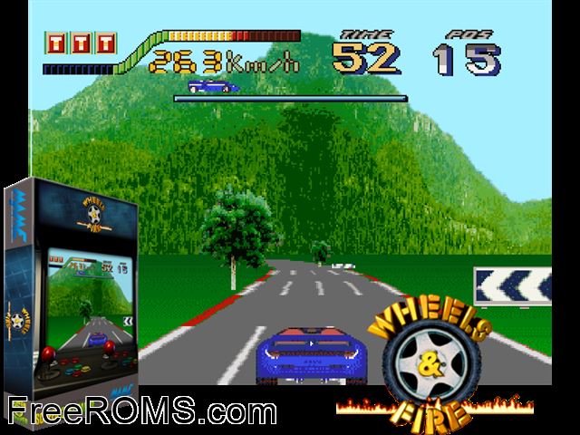 Wheels and Fire MAME game showing 3D box cover and gameplay screenshot