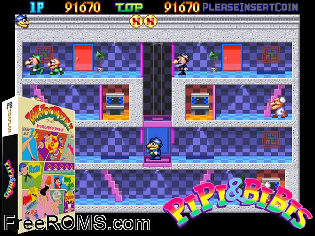 Whoopee!! / Pipi and Bibis MAME game showing 3D box cover and gameplay screenshot