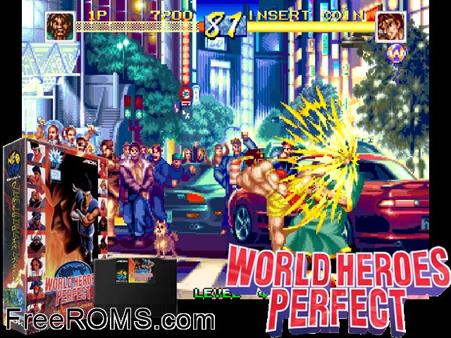 World Heroes Perfect MAME game showing 3D box cover and gameplay screenshot