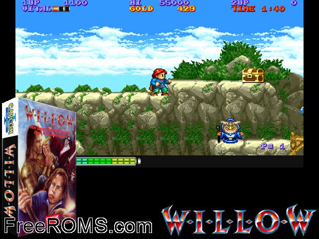 Willow (US) MAME game showing 3D box cover and gameplay screenshot