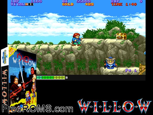Willow (Japan, Japanese) MAME game showing 3D box cover and gameplay screenshot