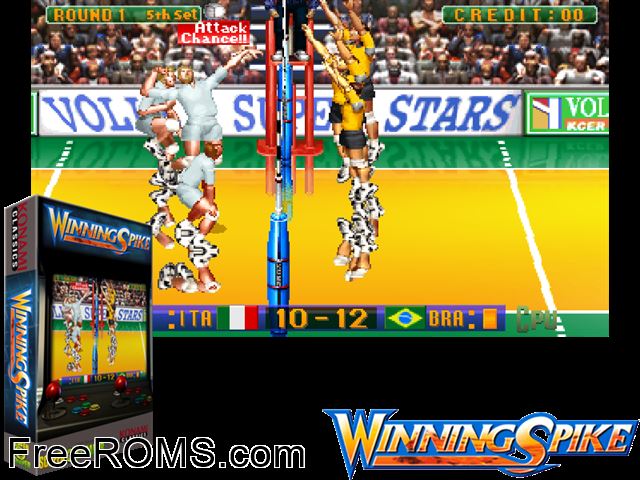 Winning Spike (ver EAA) MAME game showing 3D box cover and gameplay screenshot