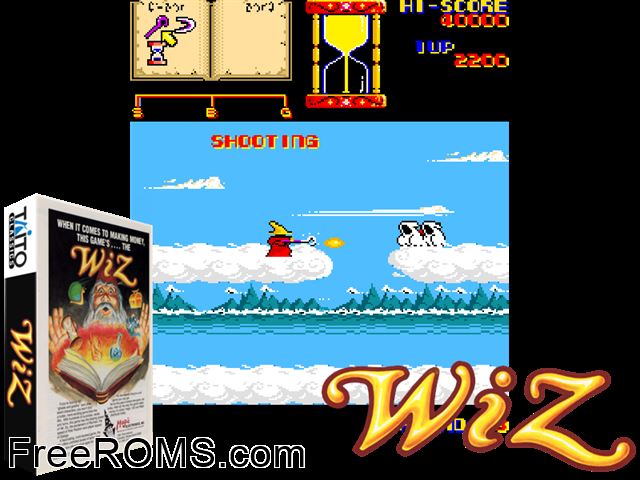 Wiz (Taito) MAME game showing 3D box cover and gameplay screenshot
