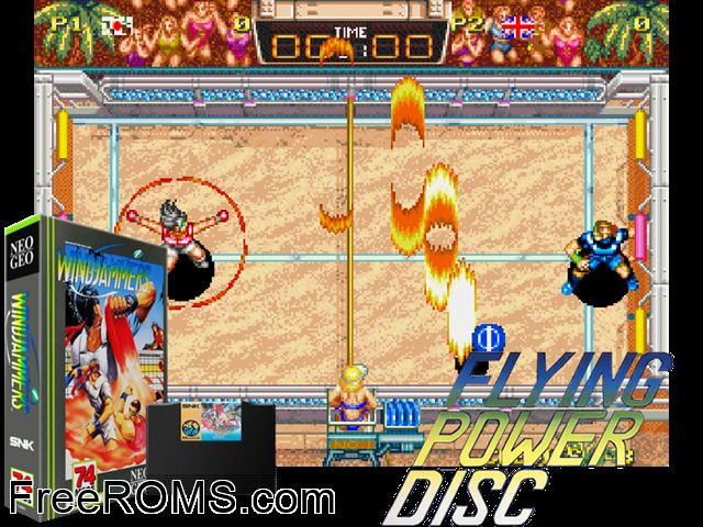 Windjammers / Flying Power Disc MAME game showing 3D box cover and gameplay screenshot