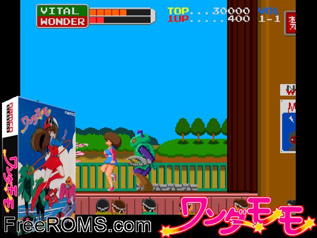 Wonder Momo MAME game showing 3D box cover and gameplay screenshot