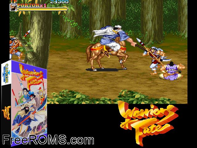 Warriors of Fate (World 921002) MAME game showing 3D box cover and gameplay screenshot