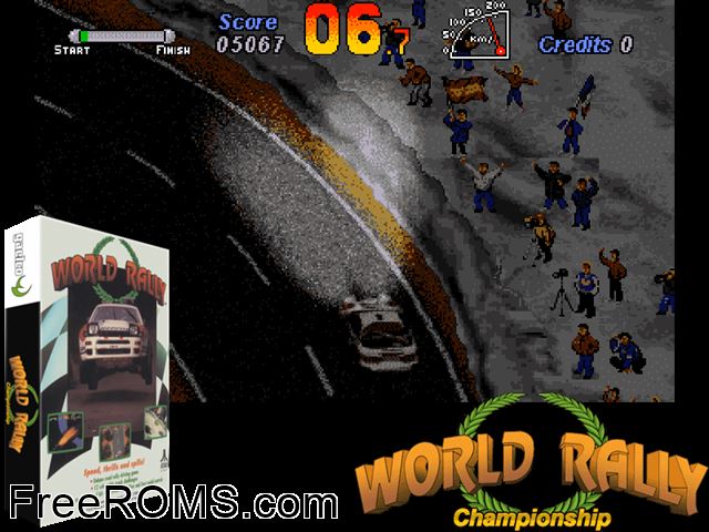 World Rally (set 1) MAME game showing 3D box cover and gameplay screenshot