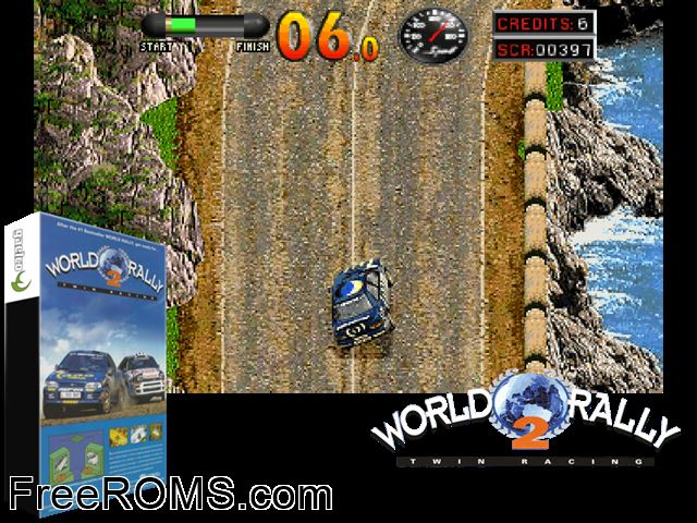 World Rally 2: Twin Racing MAME game showing 3D box cover and gameplay screenshot