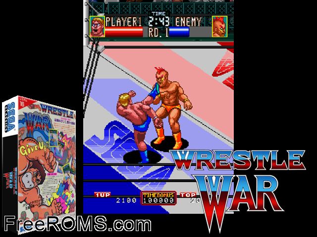 Wrestle War (set 1, Japan, FD1094 317-0090) MAME game showing 3D box cover and gameplay screenshot