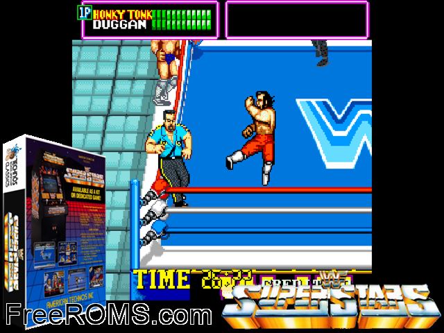 WWF Superstars (Japan) MAME game showing 3D box cover and gameplay screenshot