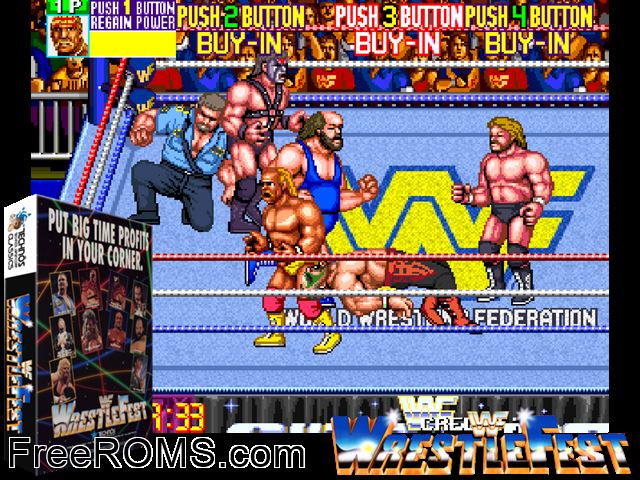WWF WrestleFest (US set 1) MAME game showing 3D box cover and gameplay screenshot