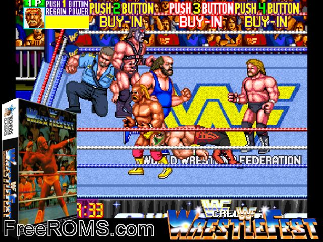 WWF WrestleFest (Japan) MAME game showing 3D box cover and gameplay screenshot